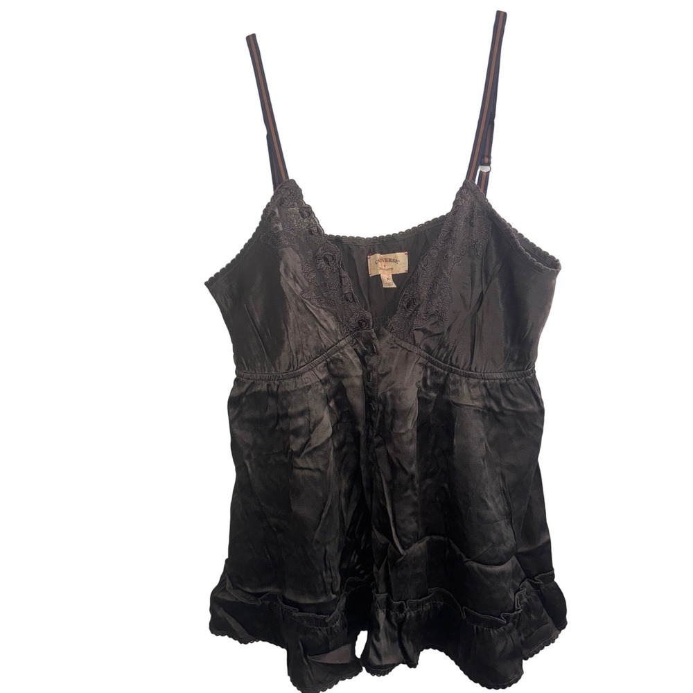 Converse John Varvatos Sz M Grey 100% Silk Camisole Babydoll Top Lace Trim
